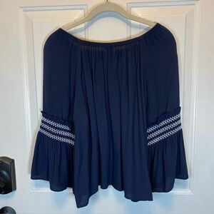 ANN TAYLOR Navy Blue Blouse XS Bell Smocked Sleeves Gathered Elastic Neckline